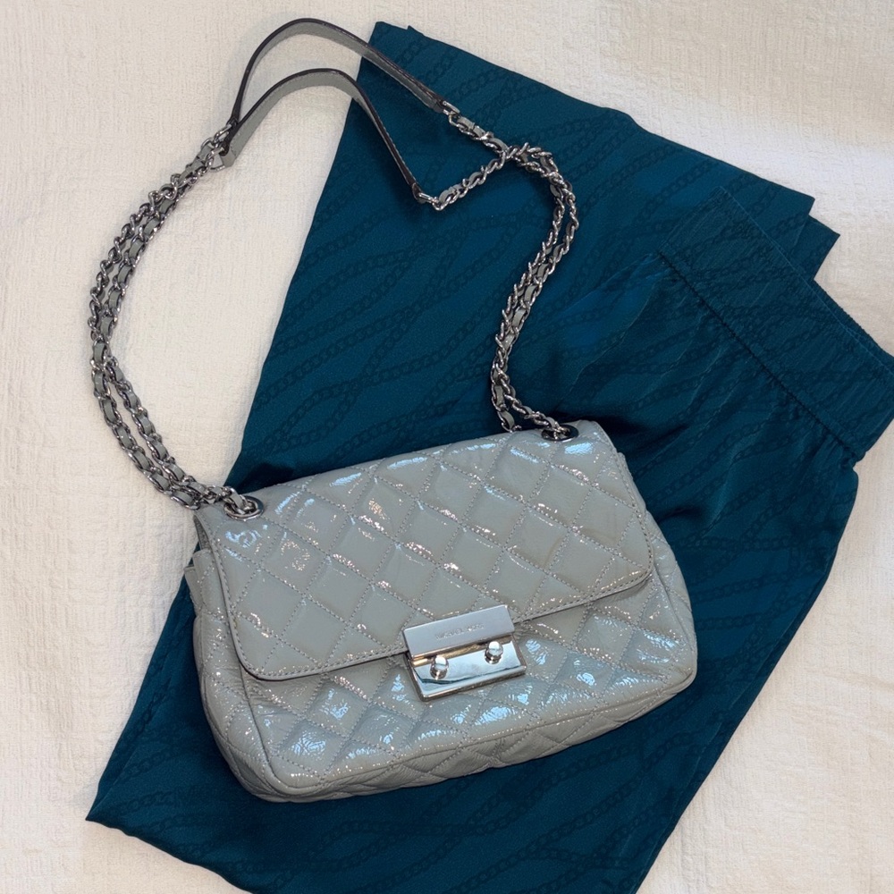 Elegant Gray patent leather MICHAEL KORS Quilted Shoulder Bag and MK teal pants